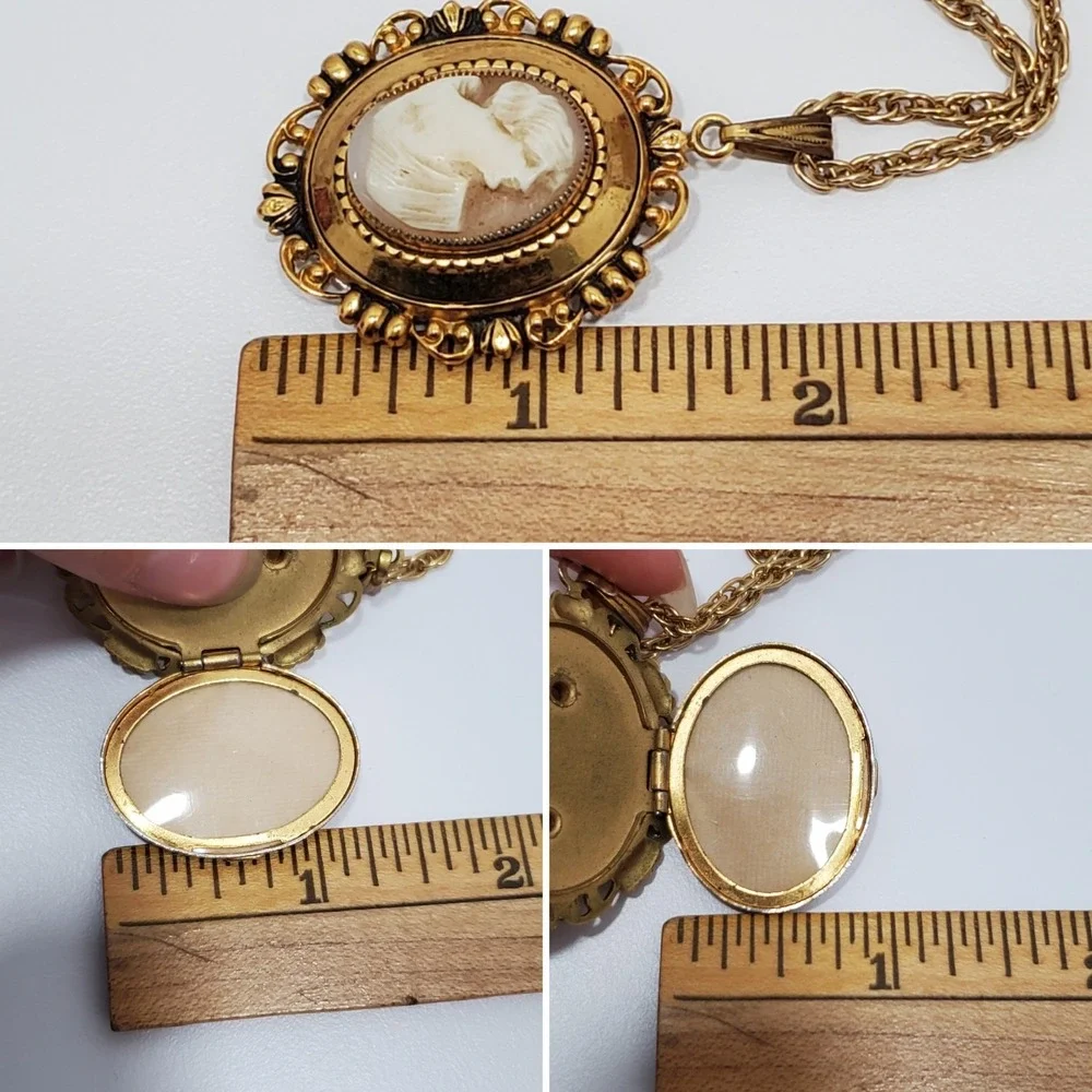 Vintage Beige & White Oval Cameo Locket Gold Tone Chain Victorian Style Necklace